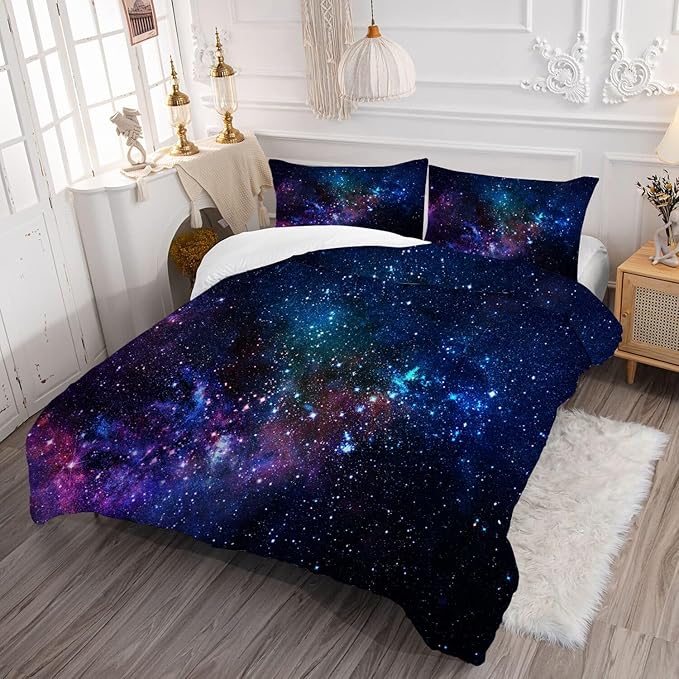kxry Blue Purple 3D Galaxy Comforter Set Full Size Outer Space Starry Sky Universe Bedding Sets for Girls Teens Kids 1 Comforter + 2 Pillow Cases