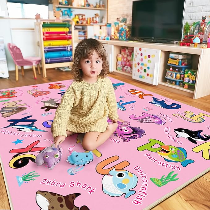Kids Rug for Playroom, 5x7 Feet Educational Rug for Learn The ABC Alphabet, Soft Machine Washable Non-Slip Cute Marine Organisms Carpet for Classroom Toddler Nursery Kids Room Decor Mat, Pink