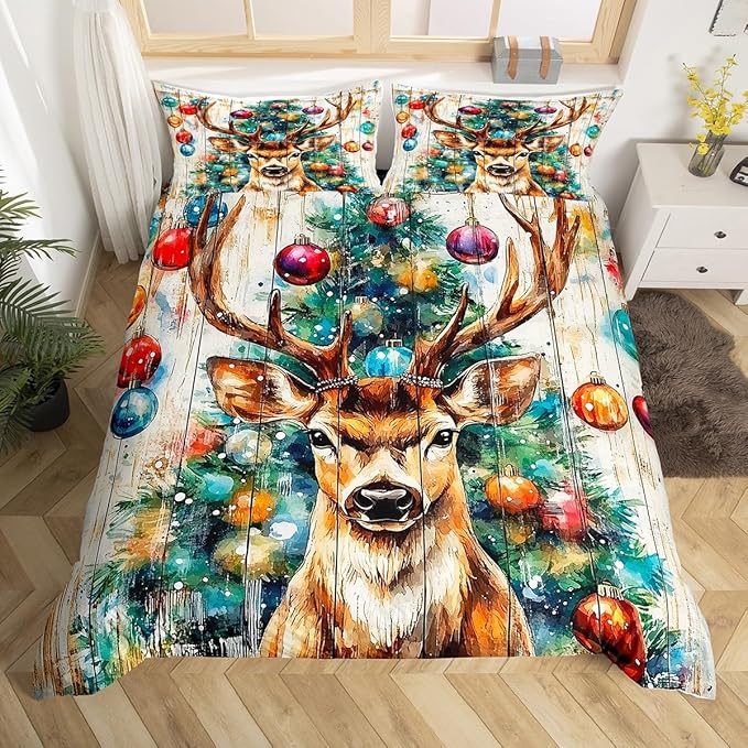 Cabin Deer Duvet Cover Set Full Size,Tie-dye Christmas Tree Wooden Plank Rustic Bedding Set,Boys Girls Room Decor,Wild Animal Farmhouse Comforter Cover,Brown Quilt Cover,2 Pillowcases,No Comforter