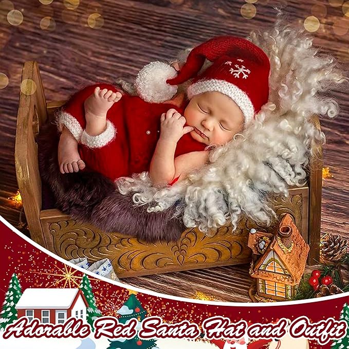 M&G House Christmas Newborn Photography Props Crochet Santa Claus Red Romper Hat Baby Photo Outfits Handmade Knitted Newborn Costume Photoshoot Props Christmas Gift