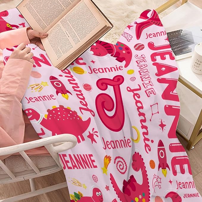 Dinosaur Lover Astronaut Personalized Blanket with Name Custom Pink Dinosaur with Name Flannel Blanket Soft Throw Meaningful Gift for Toddlers Girls Boys Kids Pets 50 * 40" S for Kid