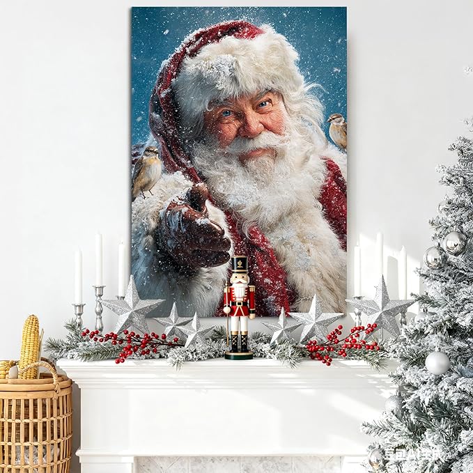 YONICA Christmas Canvas Wall Art Snowy Santa 24x32 Inch Winter Scene with Birds and Snowfall - Large Framed Gallery Wrapped Nature Theme