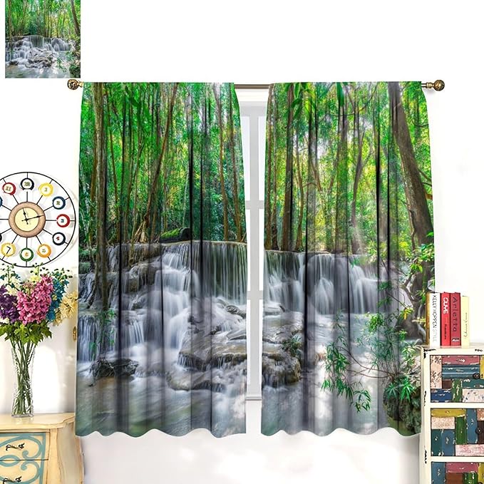 Forest Waterfall Blackout Curtains, Scene Nature Theme Mountain Stream Scenery Print Window Drapes, for Bedroom Living Room 42" W X 45" L