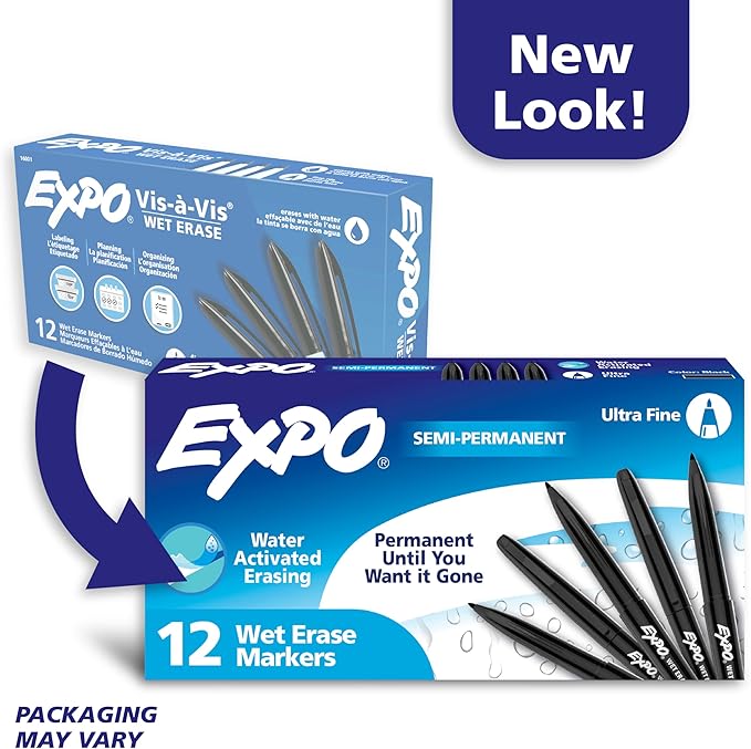 EXPO Wet Erase Markers, Semi-Permanent, Black, Ultra Fine Tip, 12 Count - For Writing on Glass, Whiteboards, Mirrors, Calendar, Labeling, Organizing