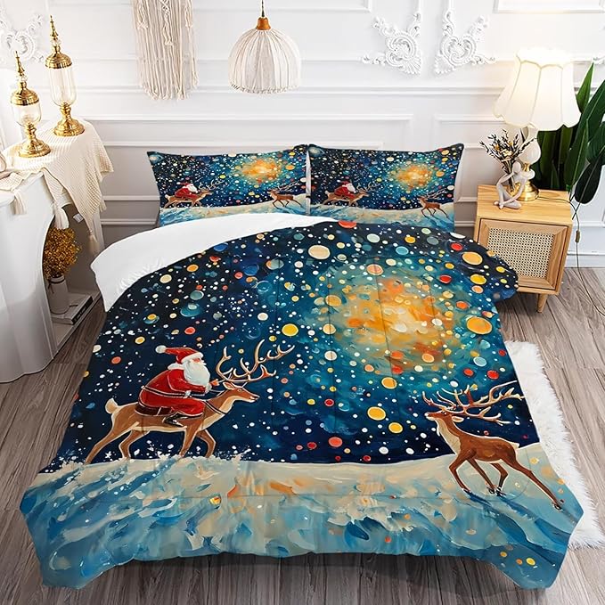 Christmas Comforter Set Queen: Blue Galaxy Bedding for Women Girls Teens Bedroom Festival Gift Santa Claus Xmas Deer Quilt Set 1 Comforter & 2 Pillowcases