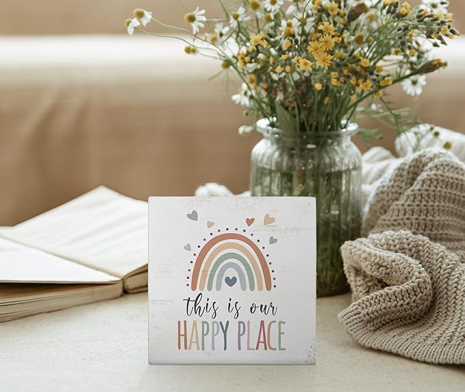 Mtrgdn Boho Rainbow Classroom Desk Decor,This Is Our Happy Place Wooden Box Sign for Nursery Playroom Classroom Homeschool Library Kids Room Desk Shelf Decoration,5x5 Inch