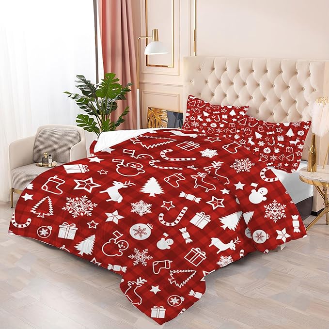 Christmas Plaid Comforter Set: Full Size Cartoon Red Xmas Bedding Sets for Teens Kids Women Christmas Tree Snowflakes Snowman Elk 3 Piece Quilt Bed Set 1 Comforter & 2 Pillowcases