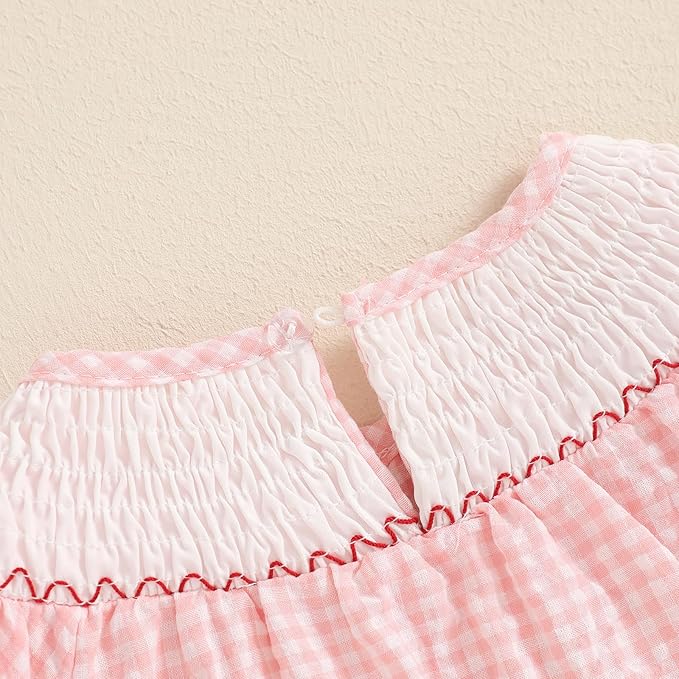 Baby Girl Smocked Western Romper Short Sleeve Bubble Rompers Summer Clothes Plaid Print Embroidery Bow Bodysuit Tops