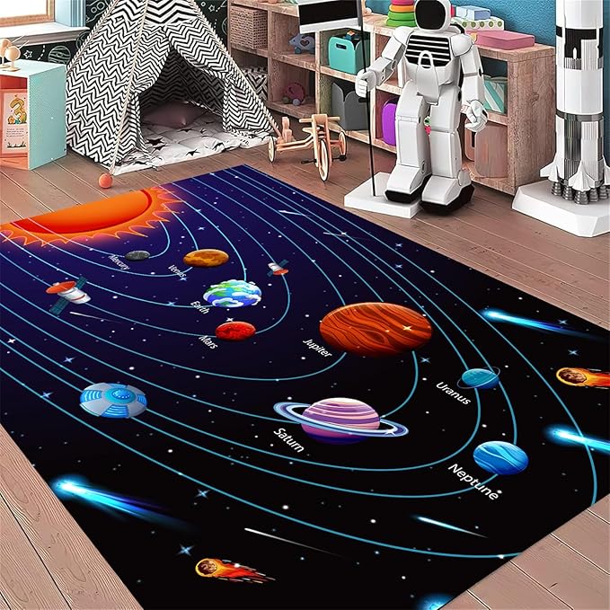 Cartoon Space Solar System Planet Area Rug,5x6ft,Outer Space Themed Rugs, Non-Slip Washable, Easy Care Rug, Suitable for Kids Playroom, Boys and Girls Room Decor