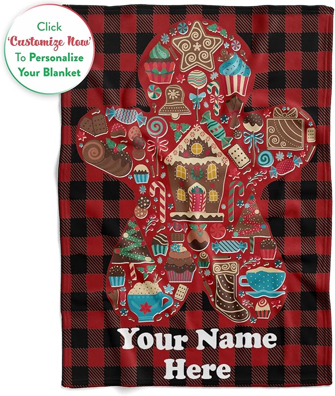 Custom Gingerbread Man Blanket - Ships Next Day, Printed in USA - Fleece or Sherpa Sofa Throw, Soft Christmas Bedding, Holiday Home Decor, Customizable Family Throws (Sherpa 60x80)