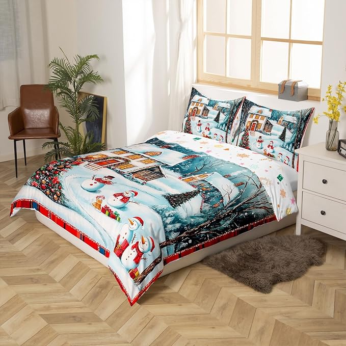 Manfei Christmas Duvet Cover Set King Size, Cute Snowman Xmas Tree Bedding Set for Kids Boy Girls Room Decor, New Year Theme Comforter Cover, Lightweight Bedspread Cover, 2 Pillowcases, No Comforter