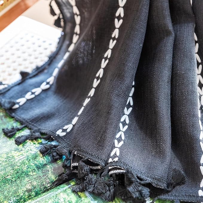 Deeprove Black Boho Curtains 96 inches Long for Bedroom, Vintage Bohemian Embroidery Farmhouse Cotton Linen French Country Tassel Window Treatments Gothic Halloween Decor, W52 x L96, 1 Panel