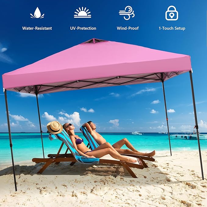 GDY 12x12 Pop Up Canopy Tent with 4 Sidewalls, Easy Set up with One Push Lift Outdoor Silver Coated Beach Gazebos, Carpas for Pool, Events, Parties, and Camping, Pink.