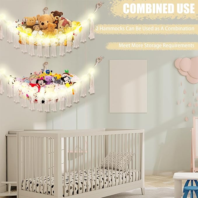 Stuffed Animal Hammock with LED Light, Large Stuffed Animals Storage Corner Plushie Net for Kids Room Decor, White