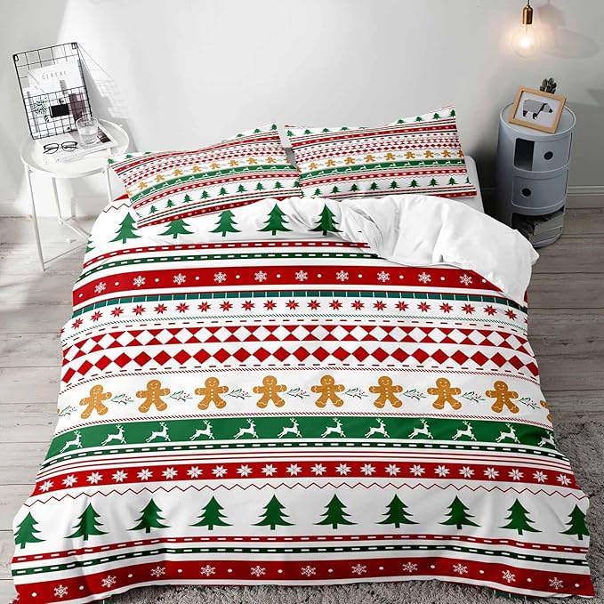 LUVIVIHOME 3PCS Christmas Duvet Cover Queen Bedding Sets, Gingerbread Man Christmas Tree Snowflake Poinsettia Reindeer Winter Holiday Xmas Gifts Red Green White Striped Comforter Cover, 2 Pillow Shams