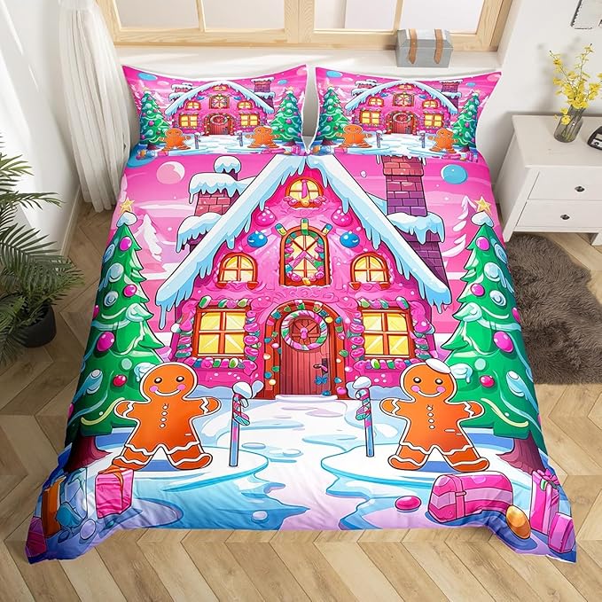 Feelyou Merry Christmas Comforter Cover Set Gingerbread Man Bedding Set Queen Size for Kids Boys Girls Bedroom Bed Decor Christmas Duvet Cover Set Soft Quilt Cover,No Comforter