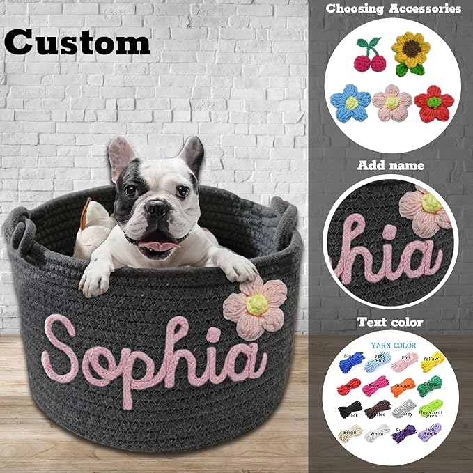 Personalized Dog Toy Basket Custom Dog Toy Box Rope Woven Basket with Pet's Name Dog Storage Organizer with Handles Cute Toy Bin for Cat Pink