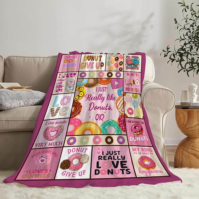 Pink Donut Fleece Blanket Dessert Throw Blankets for Girls Boys Super Soft Warm Flannel Cute Food Throws Gifts for Men Women Cozy Fuzzy Plush Stuffed Couch Bed Bedding Decor 80"x60"