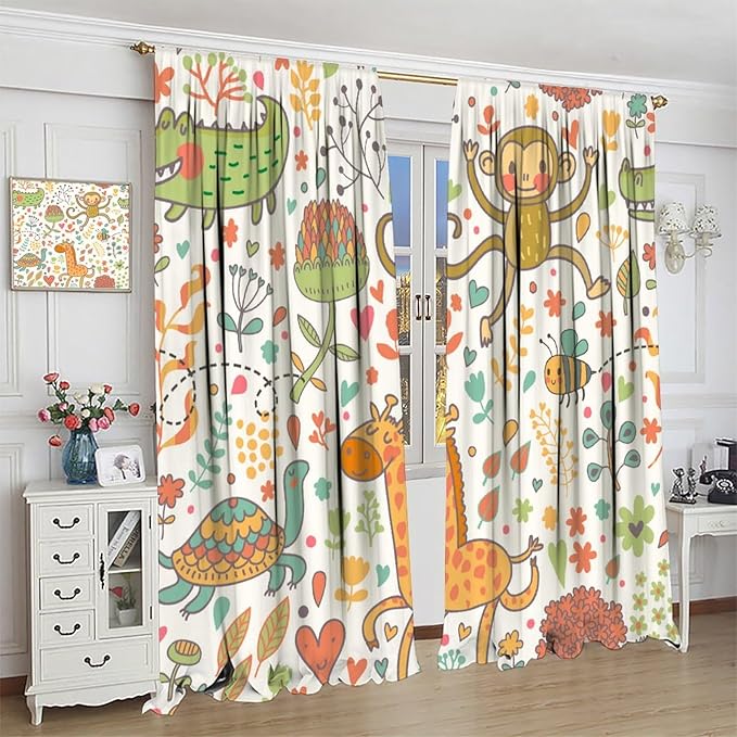 Cute Monkeys Curtains, Zoo Theme Cartoon Funny Animals Crocodile Giraffe Turtle with Flowers Print Thermal Insulation Window Drapes for Kids Boys Girls Baby Bedroom Living Room 42x63in