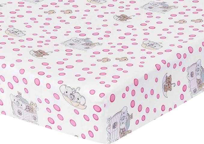 EVERYDAY KIDS Precious Moments Noah’s Ark 4 Pc Crib Bedding for Girls Nursery Set Includes Baby Bed Quilt, Fitted Sheet, Dust Ruffle and Diaper Stacker with Sweet Images of Elephants and Giraffes