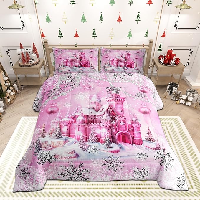 Pink Castle Comforter Set King Size,Cartoon Fairy Tale Theme Watercolor Bedding Set All Season Quilt Set,Christmas Winter Silver Snowflakes Microfiber Polyester Down Comforter