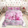 Pink Castle Comforter Set Twin Size,Cartoon Fairy Tale Theme Watercolor Bedding Set for Kids Boys Men,Christmas Winter Silver Snowflakes Quilted Duvet Set with 1 Pillowcase