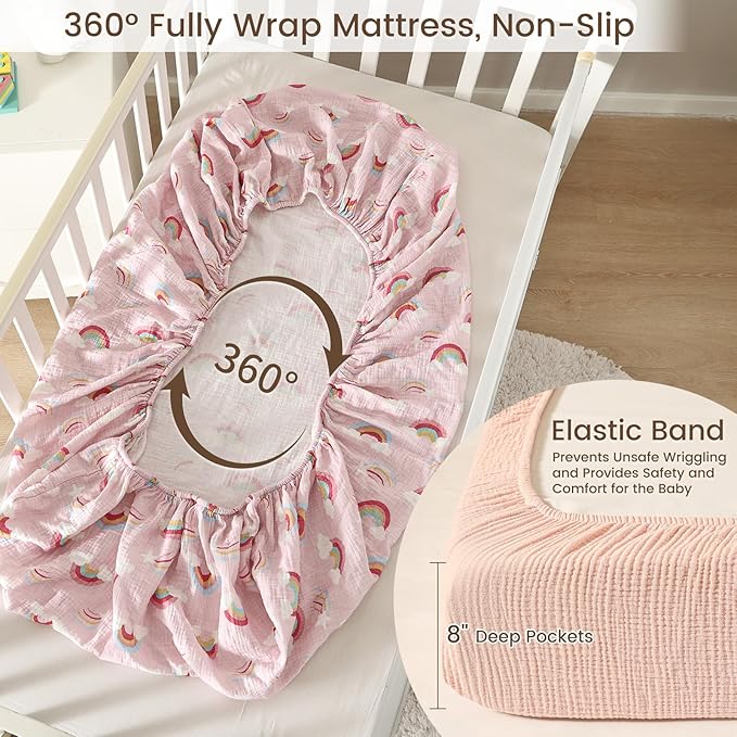 david's kids Muslin Crib Sheets for Girls, 2 Pack 100% Cotton Soft Breathable Fitted Baby Sheet Set, Standard 52"x28" Crib and Toddler Mattress, Rainbow