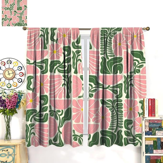 70s Flowers Curtains,Retro Geometric Boho Vintage Botanical Green Pink Flower Curtain for Bedroom Living Room Bathroom Window Curtains,70s Mid Century Flowers Window Treatments 42" W X 54" L