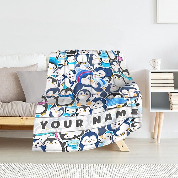 Personalized Penguin Blanket for Girls - 40" x 50" Inches Cute Penguin Blankets for Kids - Blue Warm Lightweight Throws for Sofa, Crib & Bed