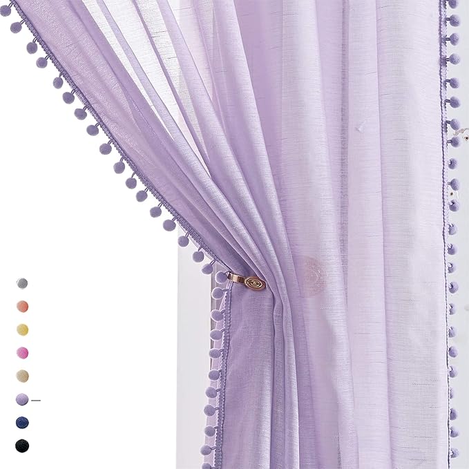 Treatmentex Pompom Sheer Curtain Panels for Living Room Girl's Redroom 52" x 108" Lilac Slub Textured Sheer Window Drapes for Salson Party Ceremony Birthday Décor 2 pcs