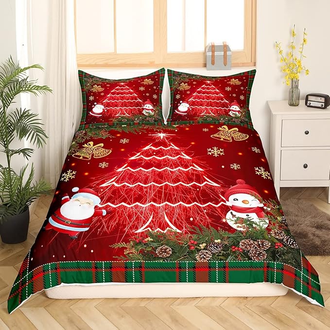 Feelyou Christmas Bedding Set Kids Cartoon Santa Claus Comforter Cover Set for Boys Girls Christmas Tree Xmas Theme Duvet Cover Breathable Snowman Bedspread Cover Room Decor Quilt Cover Twin Size