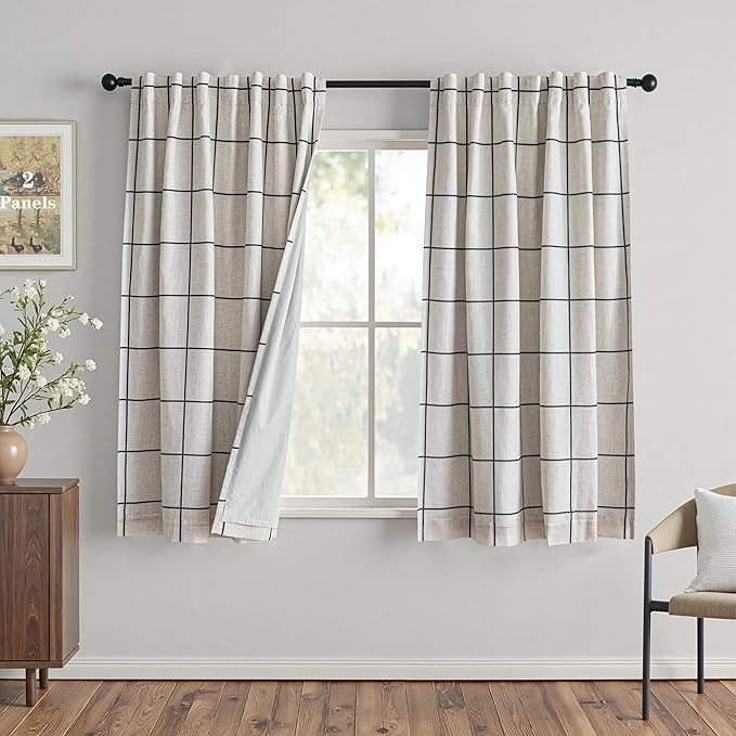 MYSKY HOME 100% Blackout Plaid Linen Curtains 63 Inches Long Double Layer Farmhouse Thermal Insulated Checkered Print Drapes with Rod Pocket Back Tab for Bedroom Living Room, 2 Panels, 52"Wide, Black