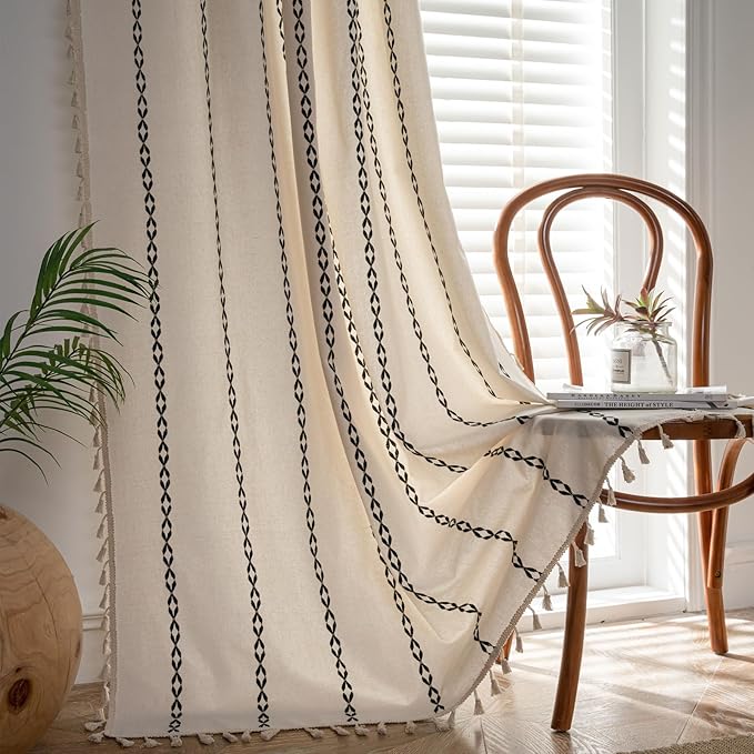 Deeprove White and Black Boho Curtains 96 inches Length for Living Room Bedroom Nursery, Classic Bohemian 96 inches Long, Stripe Embroidery Privacy Window Fringe Decoration W52 x L96, Single 1 Panel