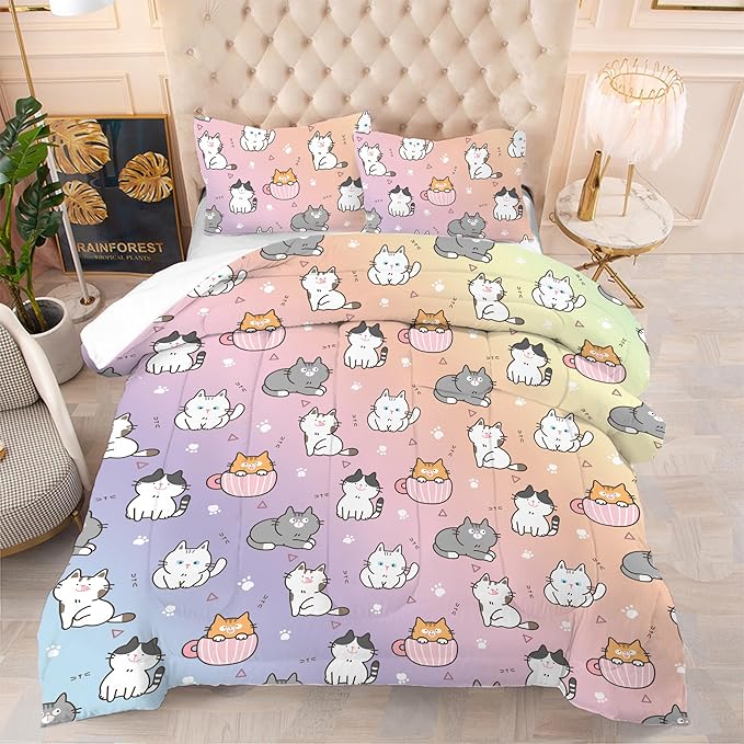 Cat Comforter Set Full: Cat Themed Rainbow Bedding Set Kawaii Colorful Kitten Quilts Pet Cats Bed Sets for Teen Girls Kids Women 1 Comforter & 2 Pillowcases