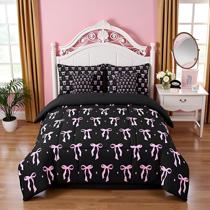 7 Pieces Pink Bowknot Kids Comforter Queen,Stars Watercolor Bow Tie Patchwork Bedding Set,Butterfly Knot Princess Black Noble Chic（Comforter+Fitted+Flat Sheet+2 Pillowcases+2 Throw Pillow Covers）