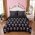 7 Pieces Pink Bowknot Kids Comforter Queen,Stars Watercolor Bow Tie Patchwork Bedding Set,Butterfly Knot Princess Black Noble Chic（Comforter+Fitted+Flat Sheet+2 Pillowcases+2 Throw Pillow Covers）