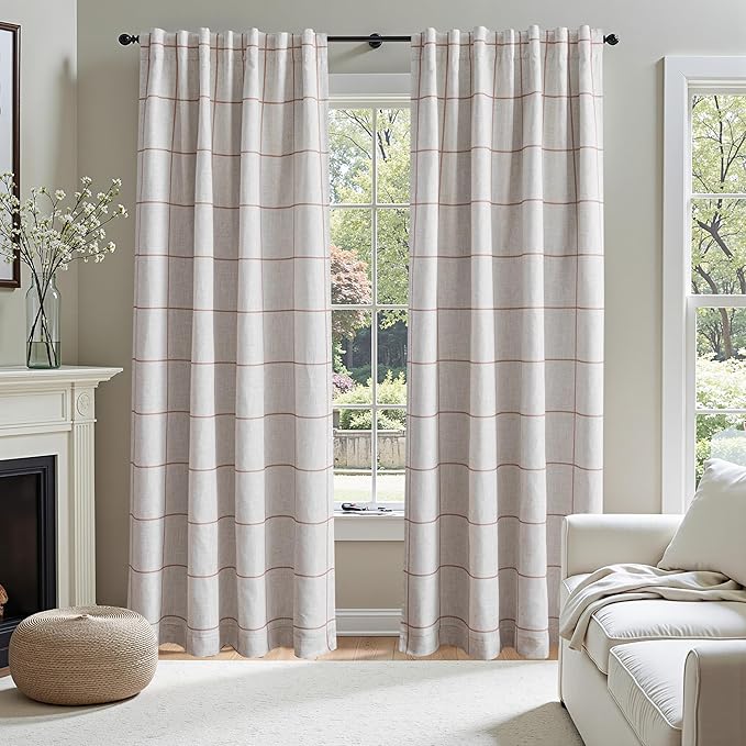 MYSKY HOME 100% Blackout Plaid Farmhouse Linen Curtains 90 Inch Long 2 Panels Set for Living Room Double Layer Checkered Drapes Thermal Insulated Privacy Protection Rod Pocket Back Tab, 52" W, Tan
