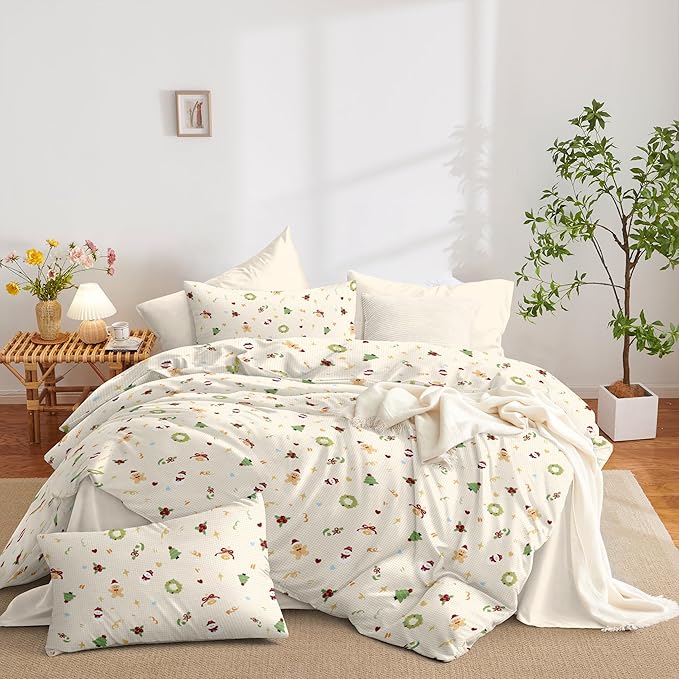 Christmas Duvet Cover Full Size Gingham Red Bow Christmas Tree Bedding Set 3 Pcs Kids Boys Girls Plaid Heart Xmas Holiday Reversible Comforter Cover with Zipper Closure (No Comforter)