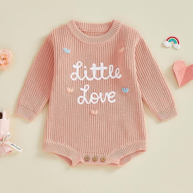 Lesimsam Newborn Baby Boy Girl Valentines Day Outfit Oversized Embroidery Long Sleeve Knit Sweater Bubble Romper Bodysuit