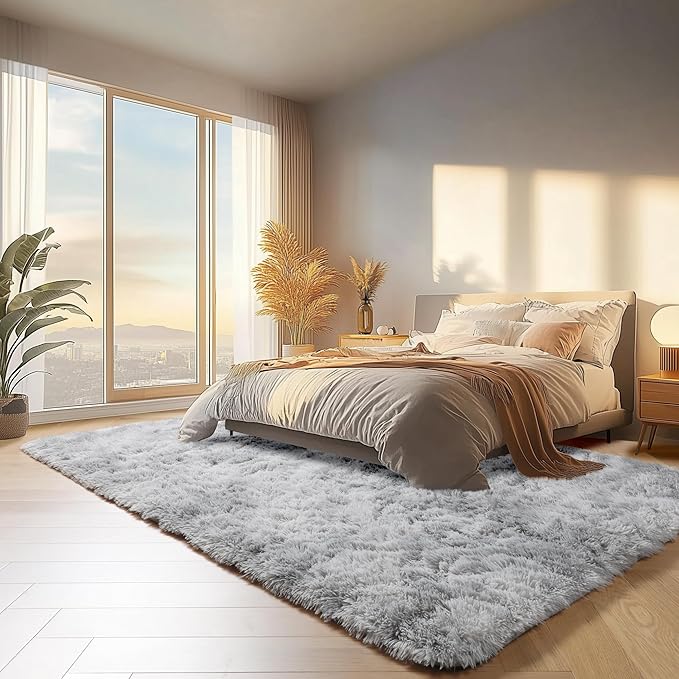 ONASAR Rugs for Living Room Bedroom, 5x8 Washable Fluffy Tie-Dyed Light Grey Bedside Area Rug, Soft Plush Shaggy Floor Carpet for Nursery Kids Girls Boys Teen Dorm Home Office Decor Aesthetic