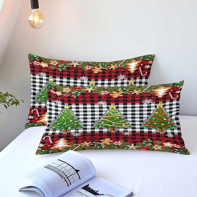Christmas Duvet Cover Twin Size Black White Gingham Bedding Set Kids Boys Girls Red Plaid Grid Christmas Tree Gingerbread Man Comforter Cover 2 Pcs with Zipper Closure (No Comforter)