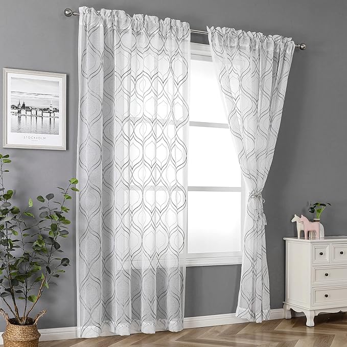 VISIONTEX White Sheer Curtains 84 Inches Long 2 Panels Set Grey Moroccan Embroidered Curtains Trellis French Textured Rod Pocket Voile Tulle Semi Window Drapes for Bedroom Living Room 54 x 84 Inches