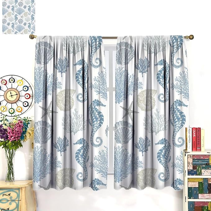Seahorse Coral Curtains,Starfish Seashell Beach Sea Starfish Seashell Theme Pattern Blackout Print Home Bedroom Living Room Window Treatmen 2 Panel Set 42x54 Inch