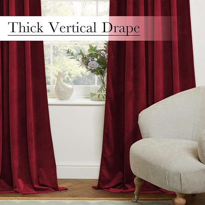 StangH Red Velvet Curtains for Living Room 108 Inches Long, Christmas Style Decor Back Tab Thermal Insulated Room Darkening Drapes for Bedroom Home Theater, W52 x L108, 2 Panels