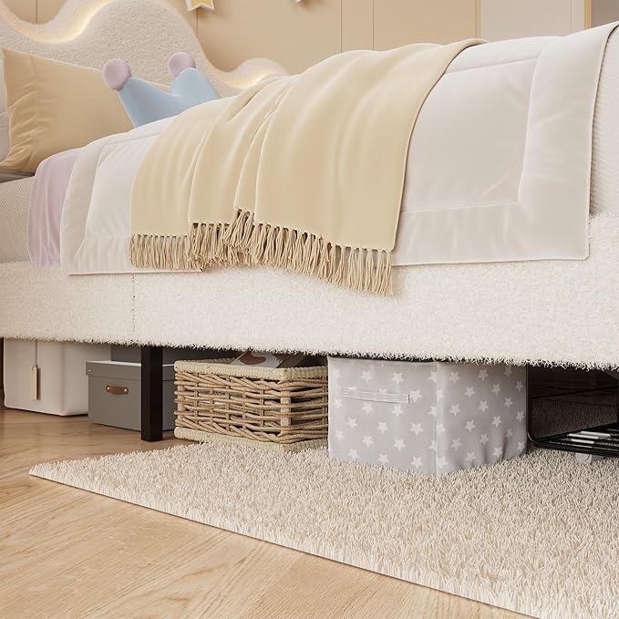 FULL Upholstered LED Bed Frame with Storage Drawers Girls Bed with flower Headboard Lamb Velvet Princess Platform Bed Frame for Kids/Girls Strong Wood Slat Support,No Box Spring Needed,Easy Assembly