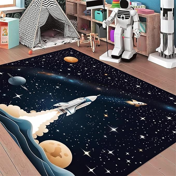 Space Children's Play Rug,5x6ft,Solar System Planet Rocket Play Mat Rug, Suitable for Boys and Girls, Home Decor,Educational Learning Play Area Rug,Suitable for Children's Bedroom Playroom