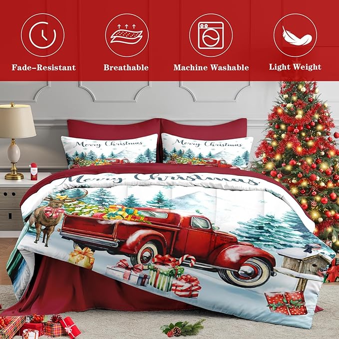 5 Pcs Twin Size Christmas Comforter Set with Pillowcase & Sham, Red Vintage Truck Elk Bedding for Kids and Adults, Winter Forest Bed in a Bag with Flat Fitted Sheet