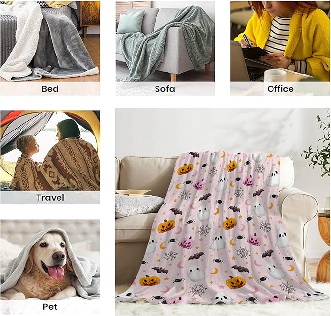Halloween Ghost Pumpkin Blanket - Cute Decor for Couch, Sofa, Bed, Living Rooms - Gifts for Girls Boys - 40"x50" Kids/Throw Size