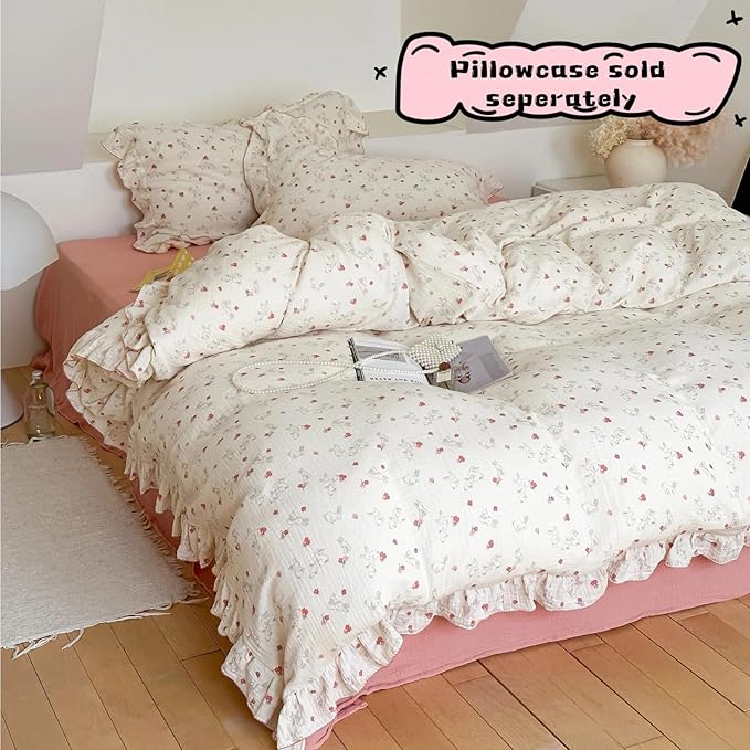 BuLuTu Rabbit Duvet Cover Full Bed Quilt Cover 79"x90" Soft Muslin Cotton Comforter Cover for Women Girls Elegant Ruffles Duvet Covers, All Seasons, No Pillow/Pillowcases