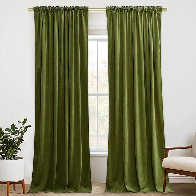StangH 102 inches Back Tab Velvet Curtains Luxury Olive Green Room Darkening Window Drapes Heavy Thermal Insulated Panels for Sliding Door Bedroom, W52 x L102, 2 Panels
